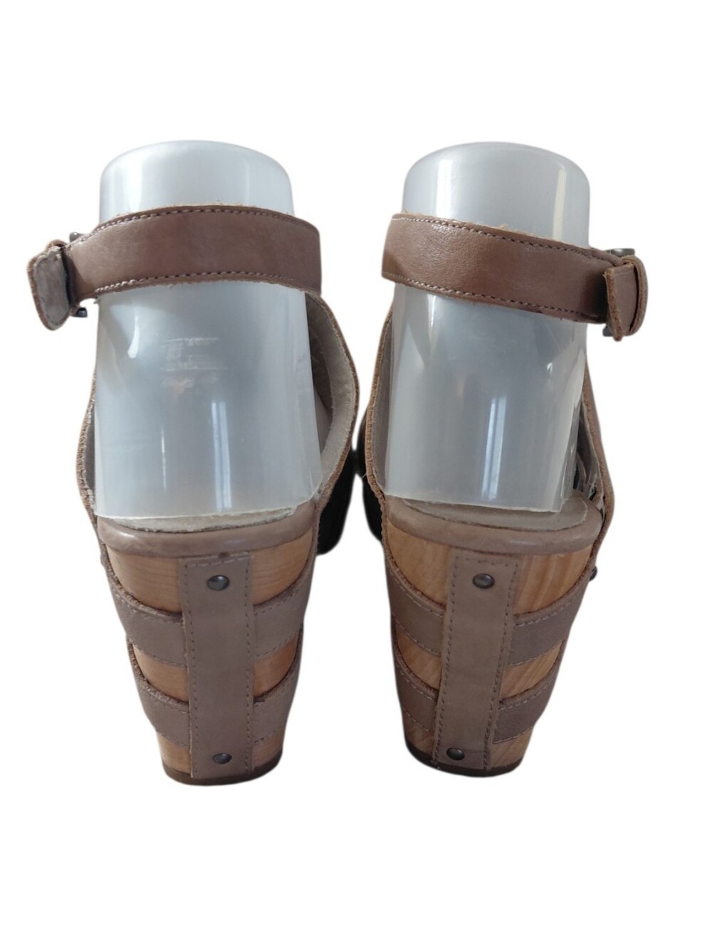 Eileen Fisher Taupe Strappy Cut Out Wood Wedge Sandals Size 8 - Picture 9 of 14